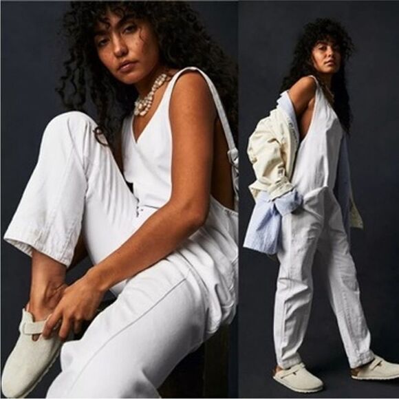 Free People High Roller Denim Jumpsuit Overalls in Optic White | L - Picture 2 of 10